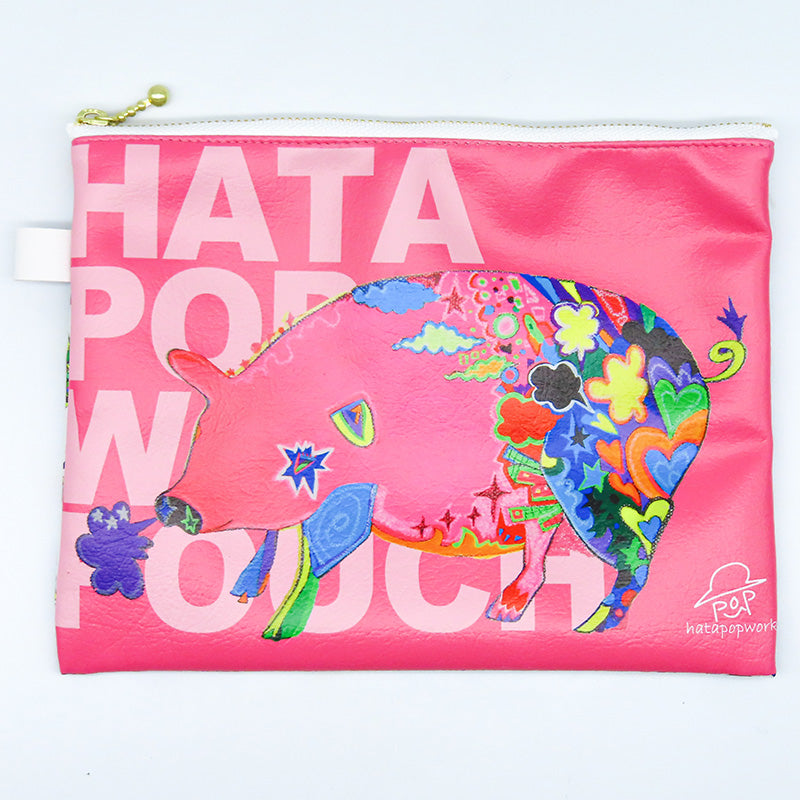 幸せのピンクのブタさん 四角ポーチ