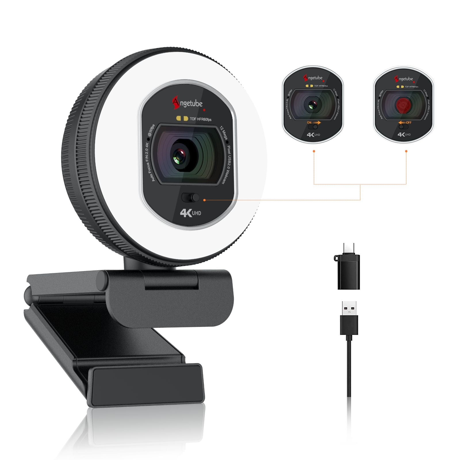 Angetube 4K Webcam with Light for PC 866MAX