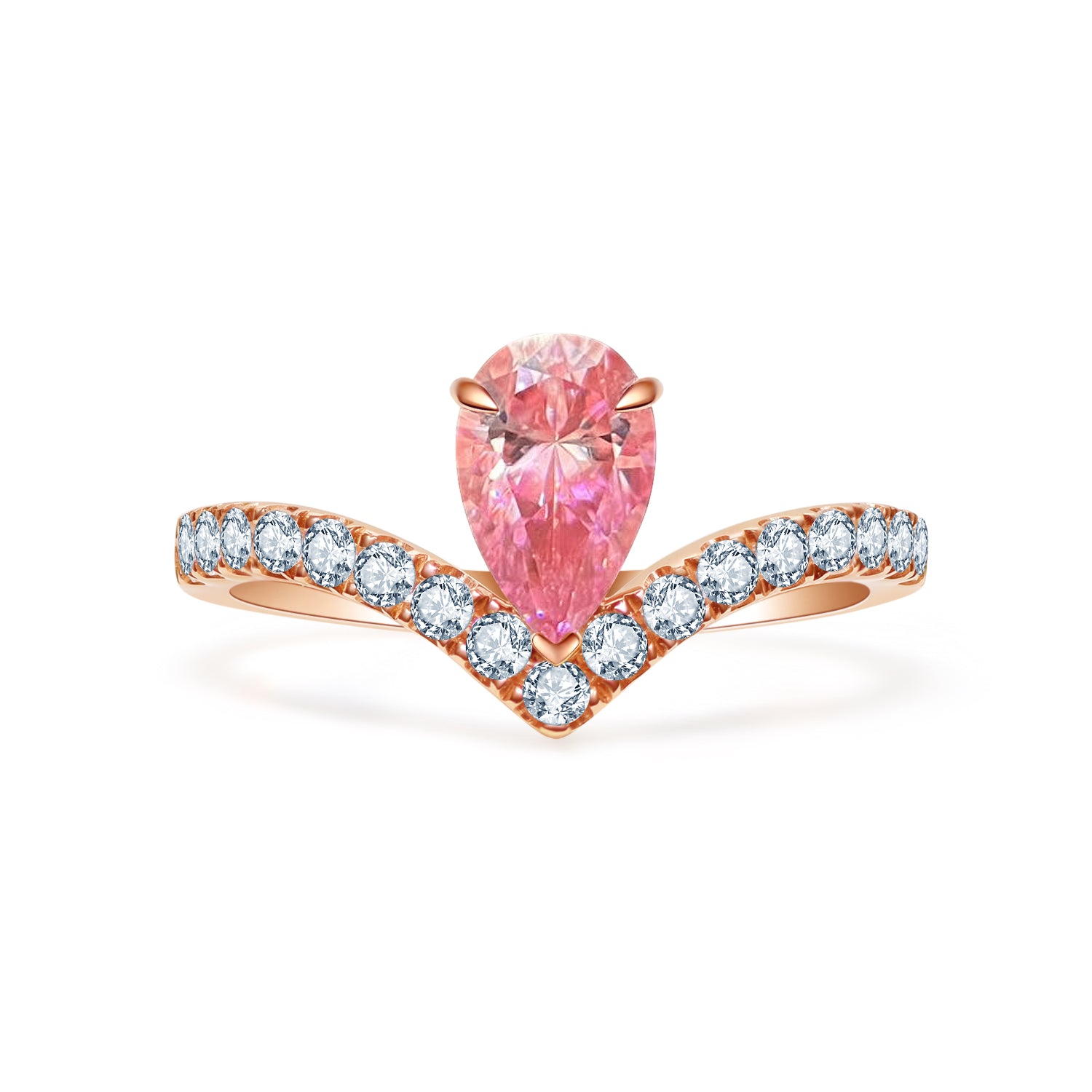 ピンクモアサナイト ペアシェイプ V字 ハーフエタニティ リング