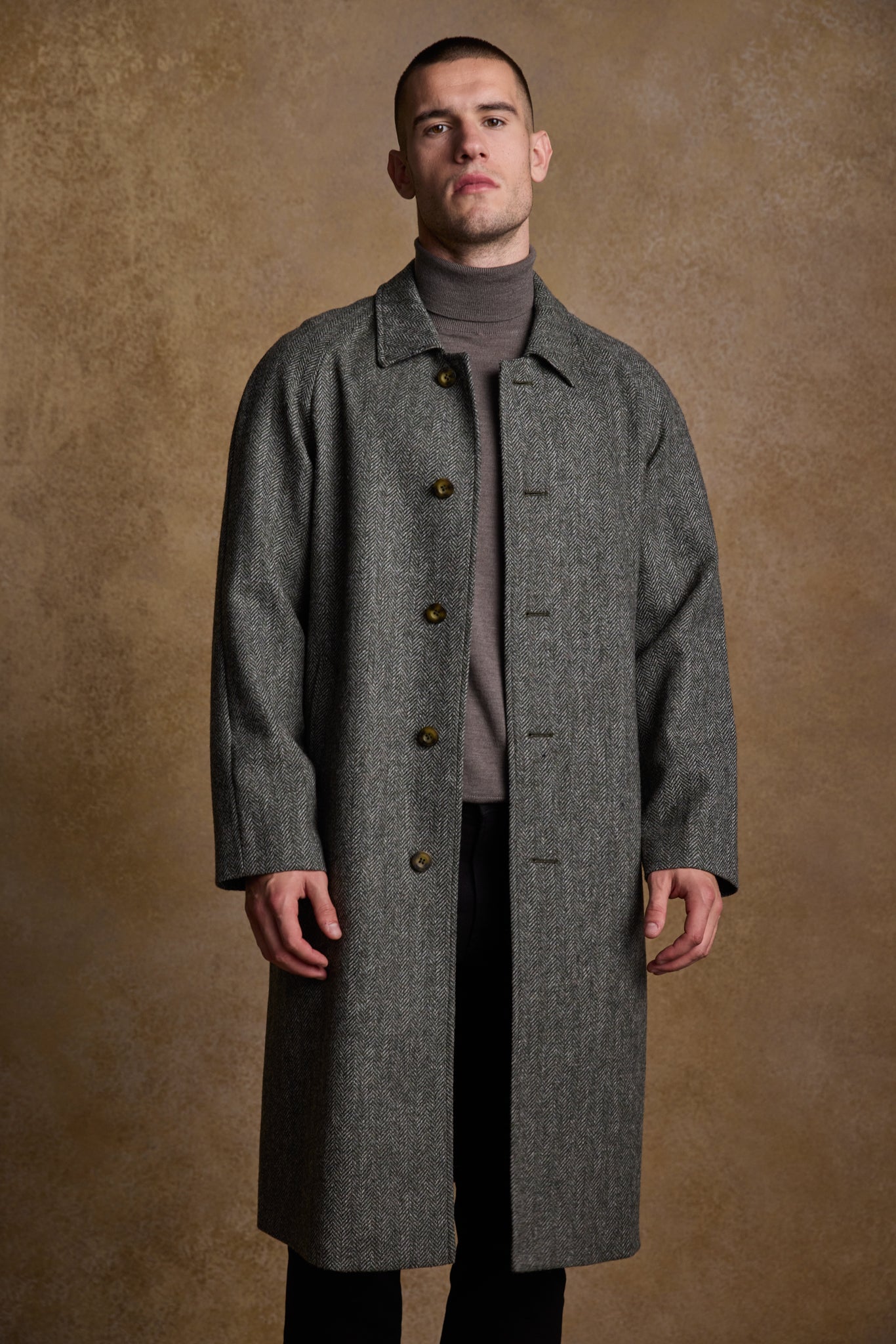 Sean Full-Length Tweed Coat - Olive Wide Herringbone