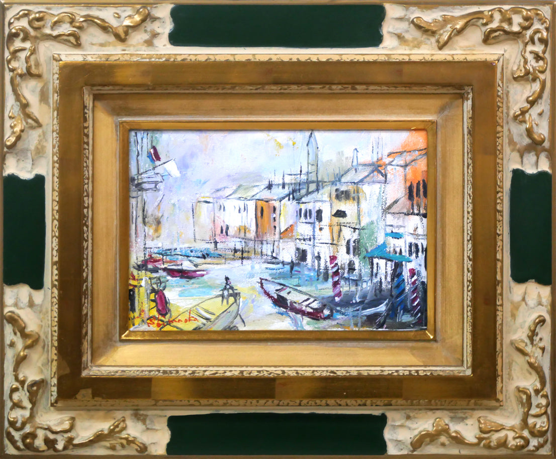 ミャンマーの水上マーケット（油絵） ミャンマーの水上マーケット