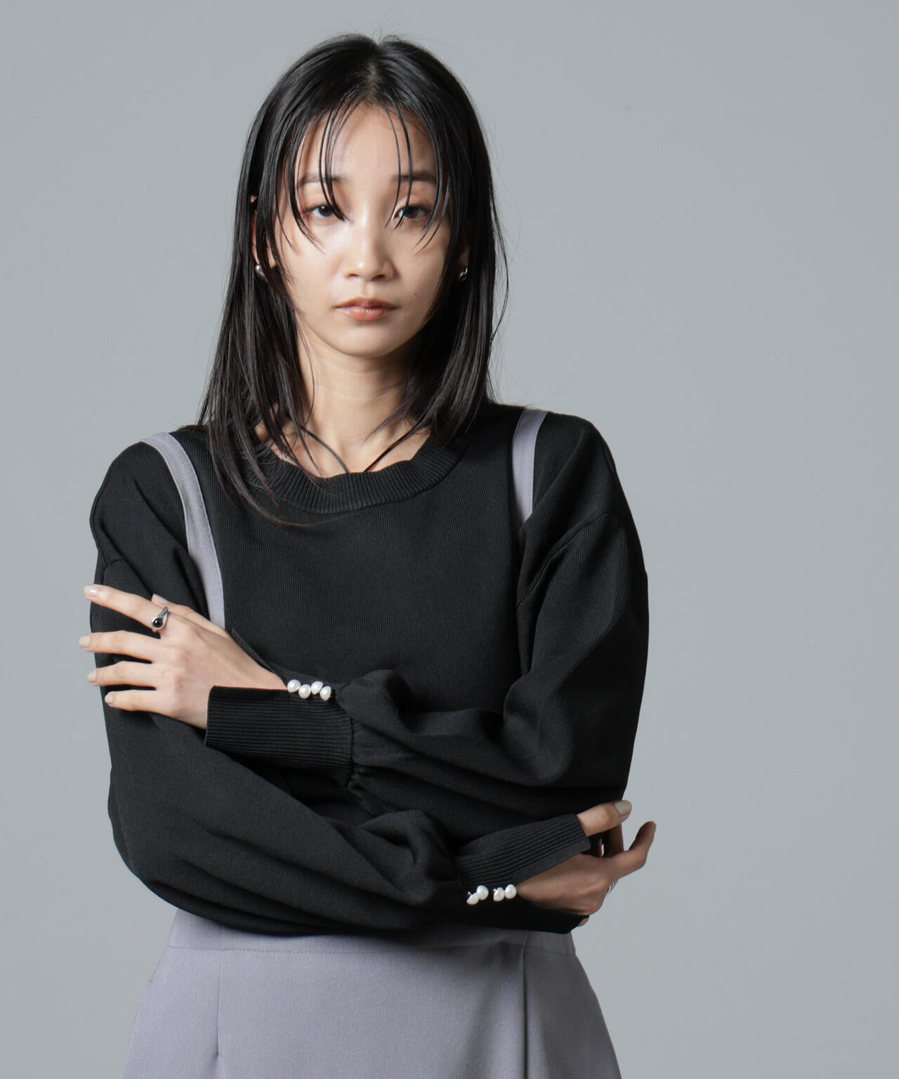 洗濯機洗い可 パール スリーブ ニット トップス