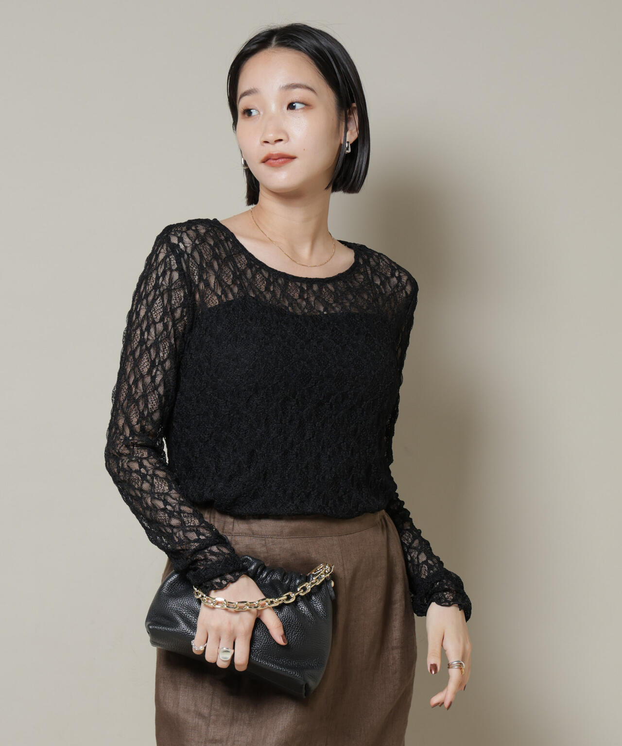 シアー レース ロングスリーブ トップス ( セットアップ 可 )