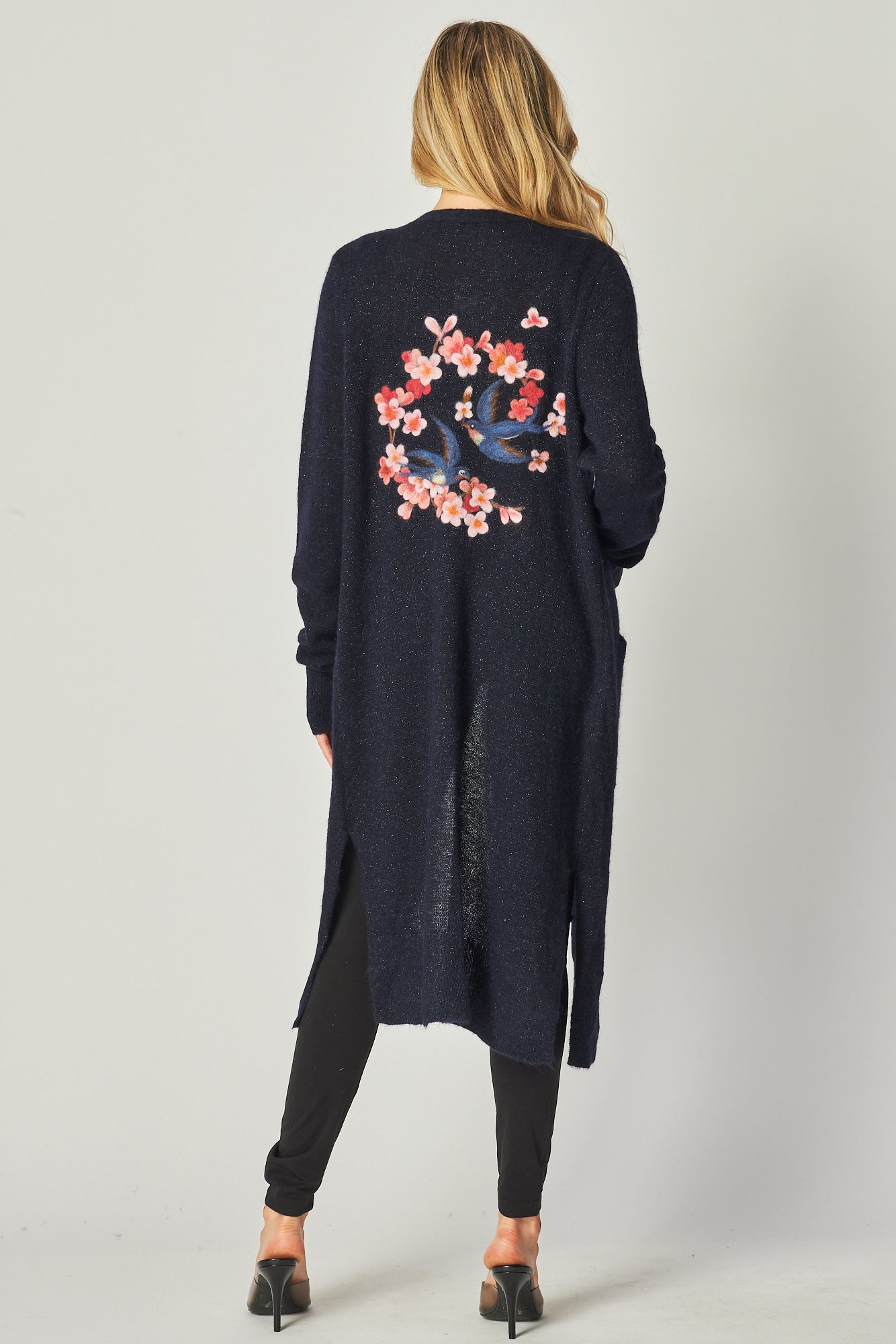 Long Cardigan with Cherry Blossom Magpies - Navy – saccharinenewyork