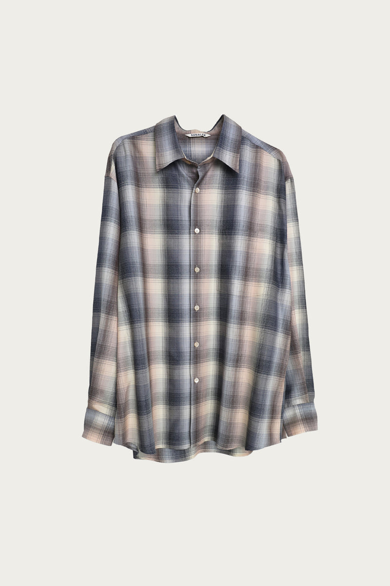 Auralee Super Light Wool Check Shirt | Beige Blue Check | Canoe Club