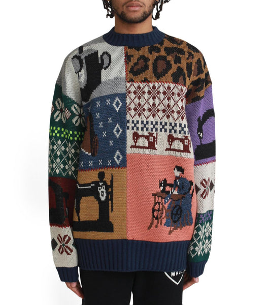 Kapital 5G Wool Kurogane Mishin Patchwork Crew Sweater Navy