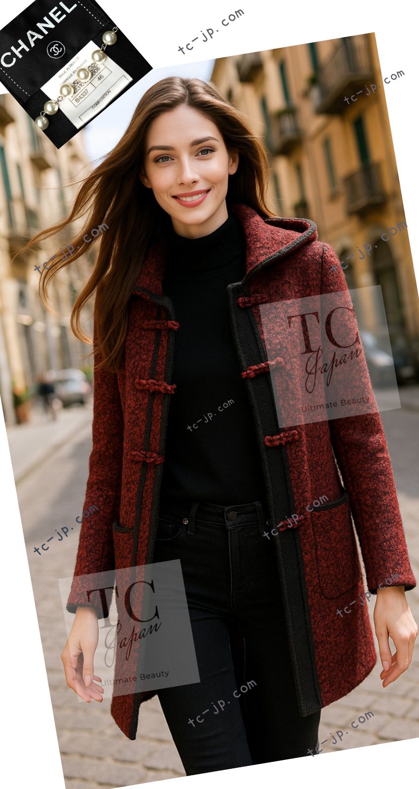 シャネル コート CHANEL レッド ブラック ウール フード ツイード 11A