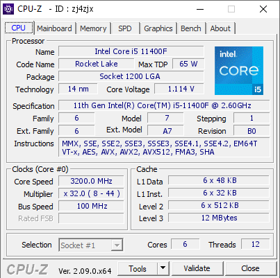 Intel Core i5 11400F @ 3200 MHz - CPU-Z VALIDATOR