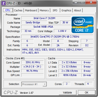 Intel Core i7 2620M @ 3391.91 MHz - CPU-Z VALIDATOR