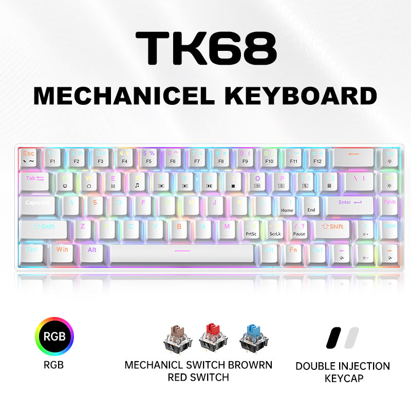 TK68 White 68Keys RGB Backlit N-key rollover Wired Mode Plug and