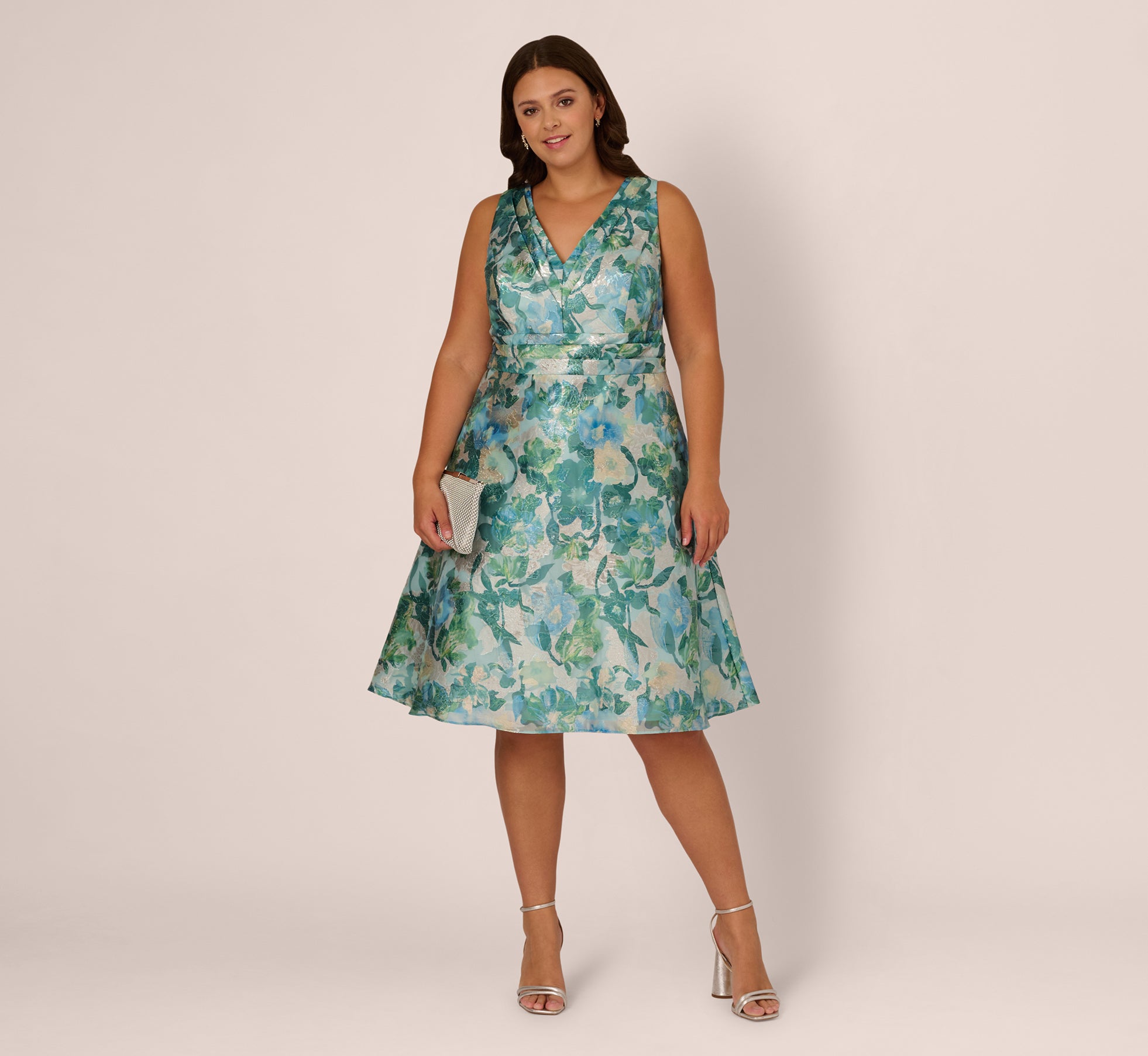 Plus Size Metallic Floral Jacquard Midi Dress In Blue Multi