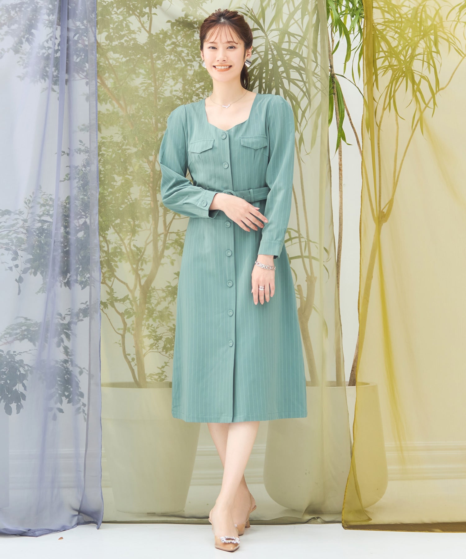 フォーマル ワンピース オフィスカジュアル 袖あり グリーン – [公式