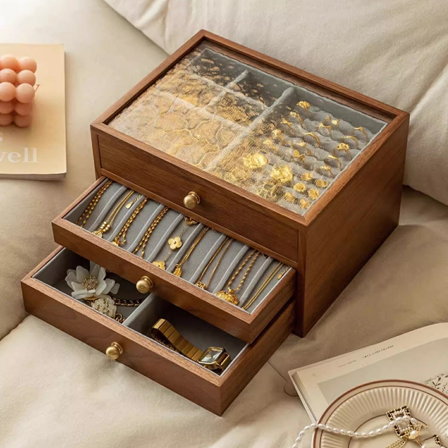 IwaiLoft 銘木 ジュエリーボックス アクセサリーケース 木製 仕切り