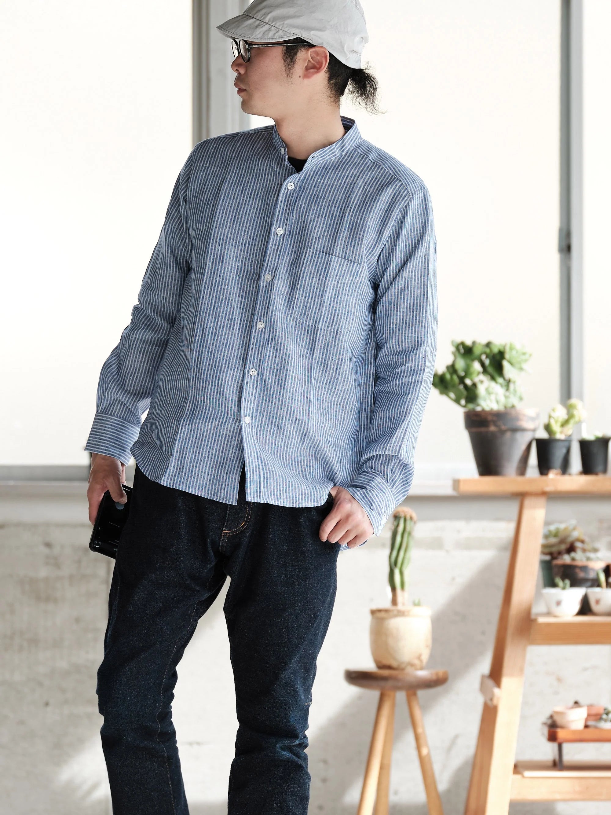 バンドカラーシャツ THOMAS MASON Gold Linen｜James Mortimer