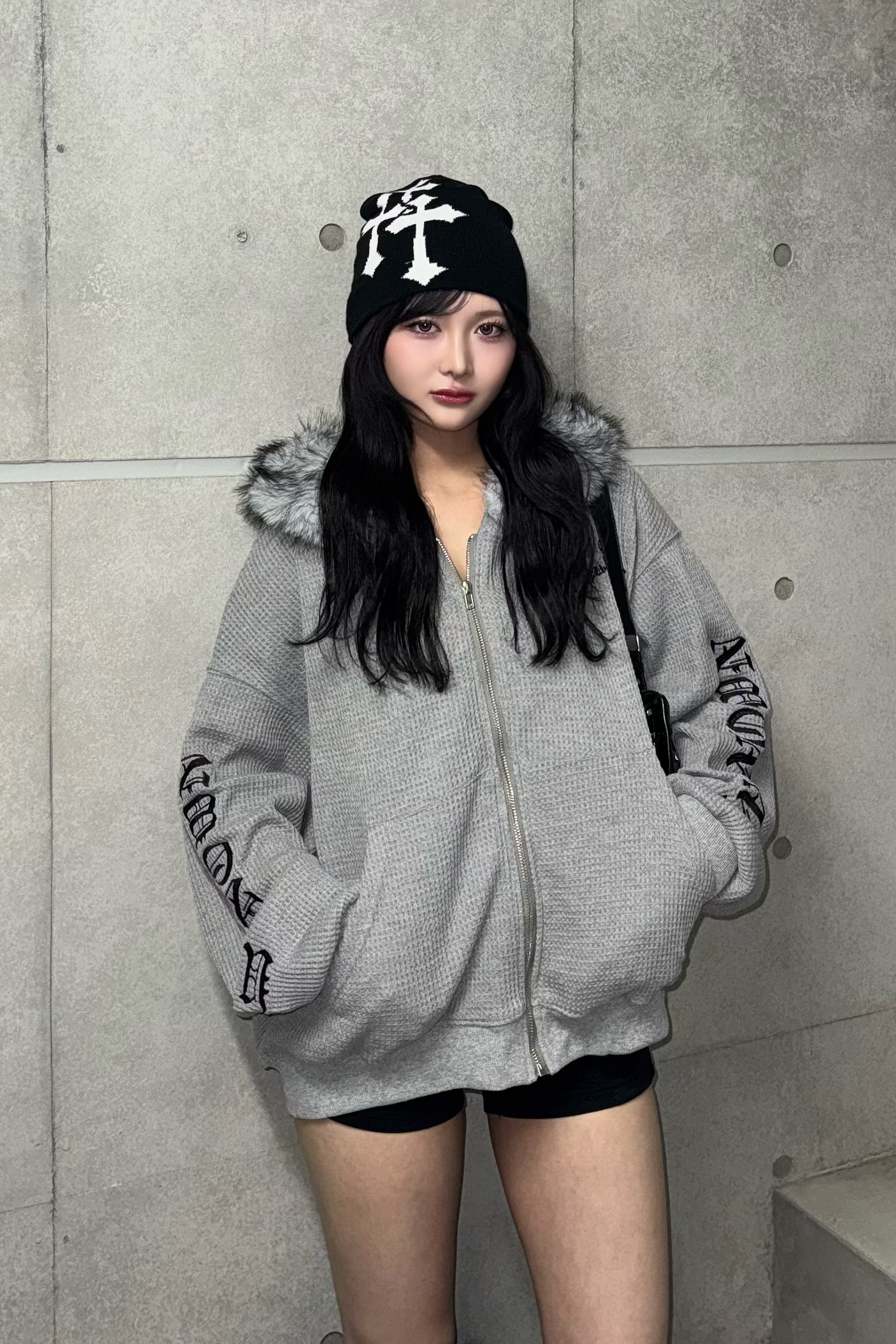 Ash fur waffle hoodie ZC30081