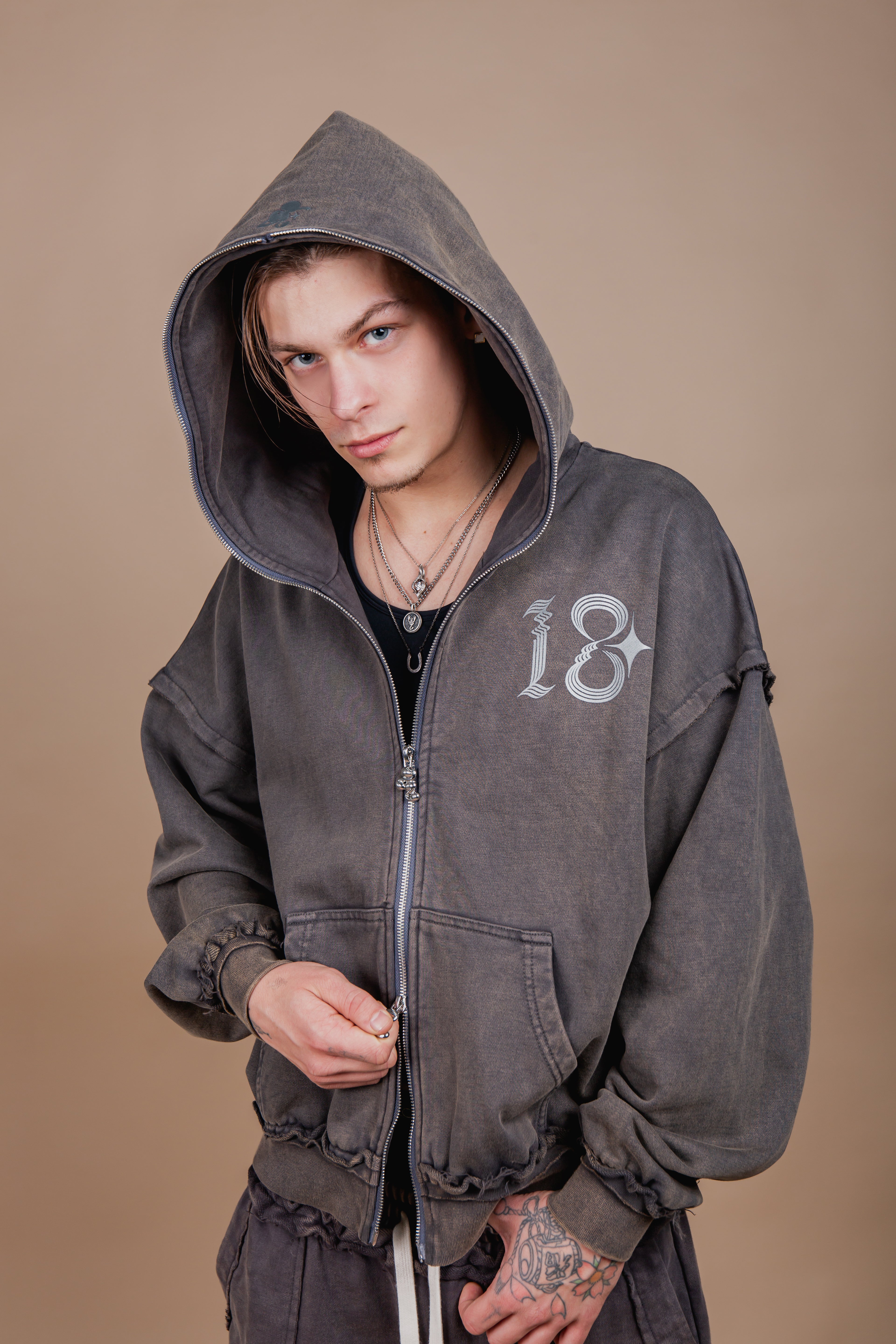 WASHED DOUBLE ZIP HOODIE black – 1818