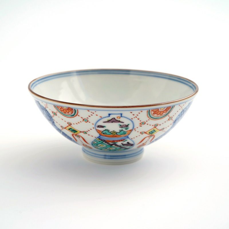 未使用】京焼/清水焼 京都 平安吉兆 青華着彩戌三友図 茶碗