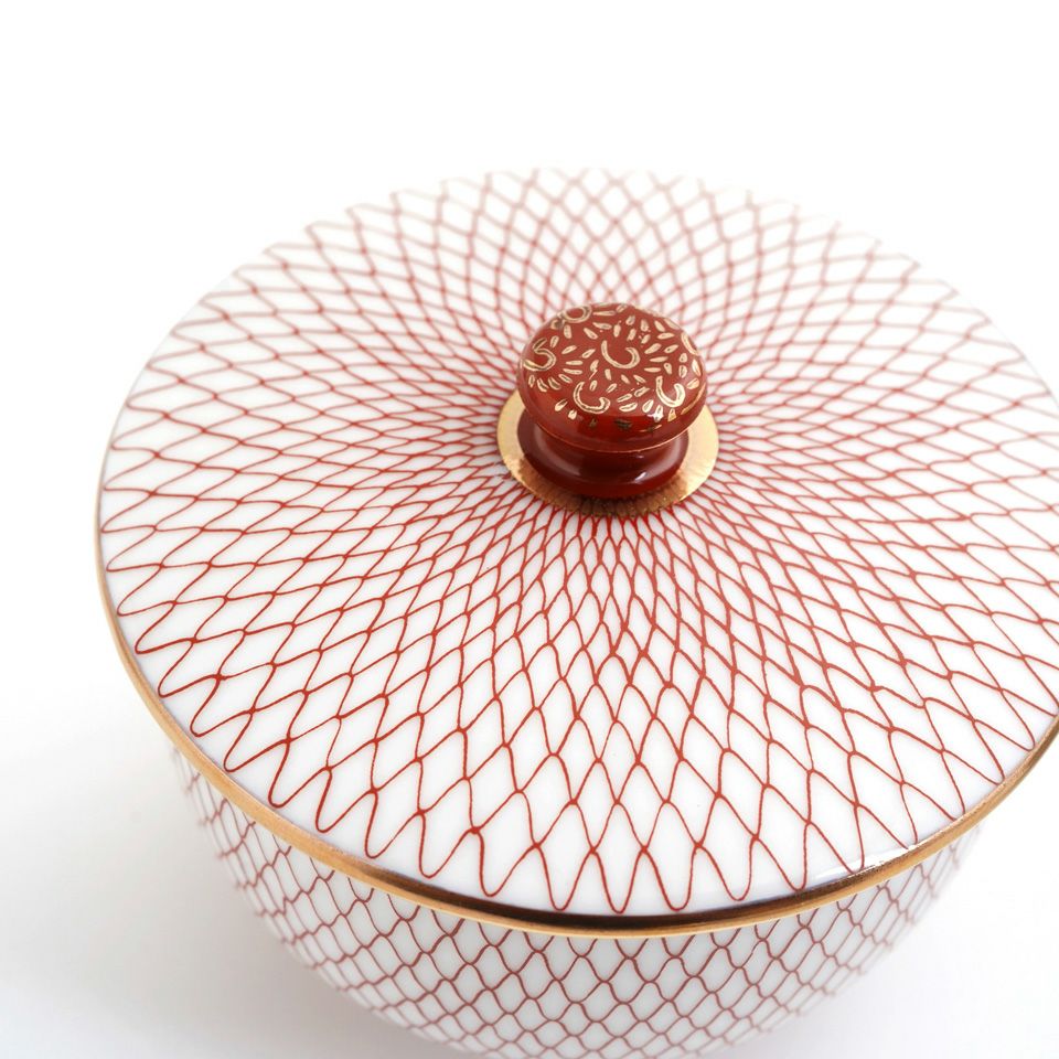 九谷焼 伝統柄 【九谷焼】蓋付汲出揃・赤網〈5客〉 |皿や鉢など和食器