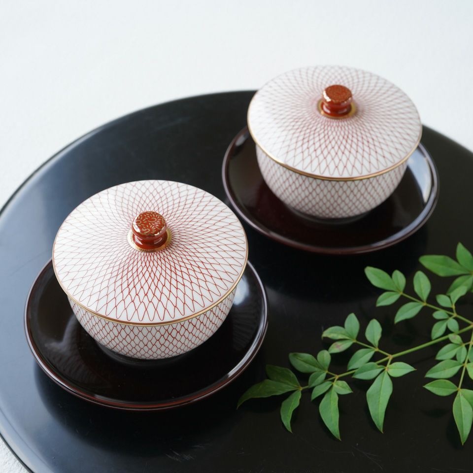 九谷焼 伝統柄 【九谷焼】蓋付汲出揃・赤網〈5客〉 |皿や鉢など和食器