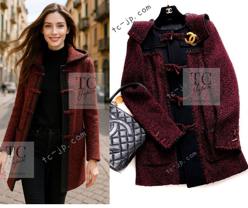 シャネル コート CHANEL レッド ブラック ウール フード ツイード 11A