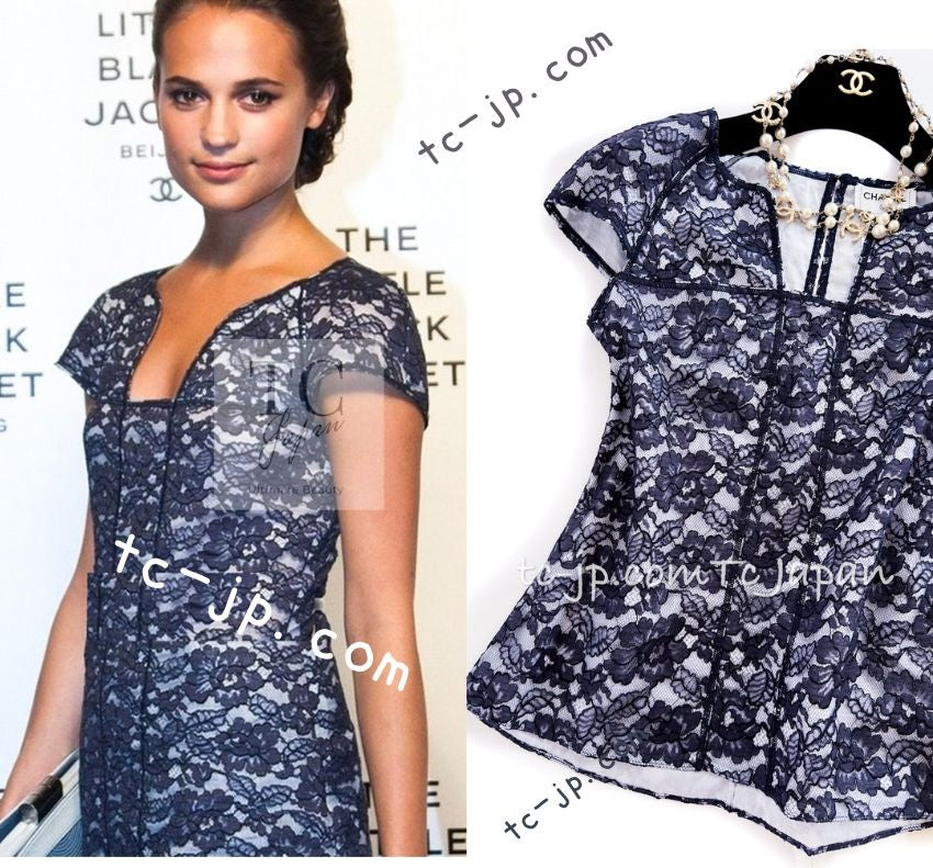 シャネル トップス CHANEL ネイビー ホワイト カメリア レース 14C