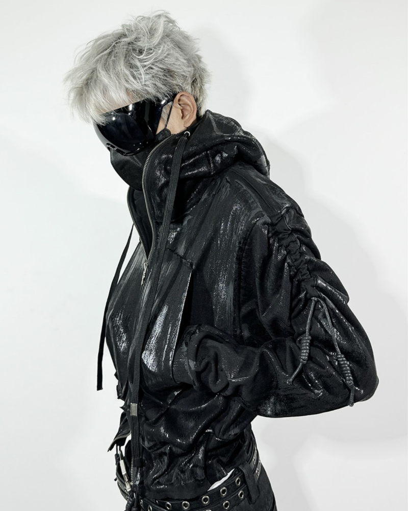 Opium Style Dark Waxed Metal–Effect Hooded Jacket – Techwear Official