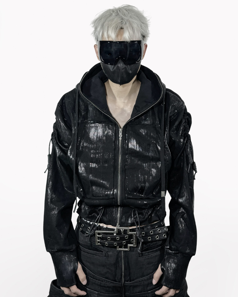Opium Style Dark Waxed Metal–Effect Hooded Jacket – Techwear Official