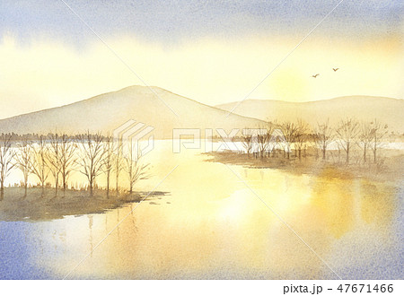 夕暮れ 夕景 湖 山 風景 水彩画のイラスト素材 [47671466] - PIXTA