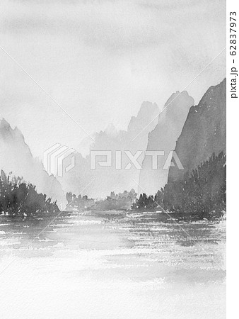 山と湖の風景 水墨画 墨絵 山水画 モノクロのイラスト素材 [62837973
