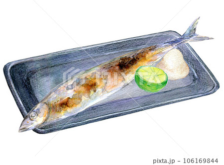 秋の味覚 秋刀魚 水彩イラスト 焼きさんまのイラスト素材 [106169844
