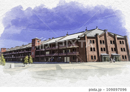 水彩画風 横浜みなとみらい 横浜赤レンガ倉庫 神奈川県横浜市の