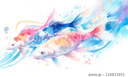 仲良く泳ぐカラフルで幻想的な鯉の水彩イラストのイラスト素材