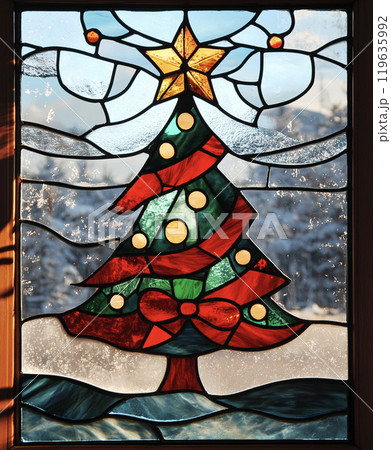 ステンドグラスの窓に描かれたクリスマスツリー AI画像のイラスト素材