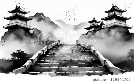 城 建物 水墨画 墨絵 和風 風景 背景 白黒のイラスト素材 [119841703