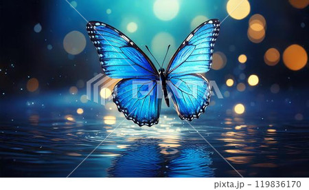 青色の蝶が水面で飛ぶ神秘的な様子 生成AI画像のイラスト素材