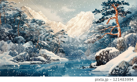 浮世絵風の雪景色の山と川のイラスト素材 [121483994] - PIXTA