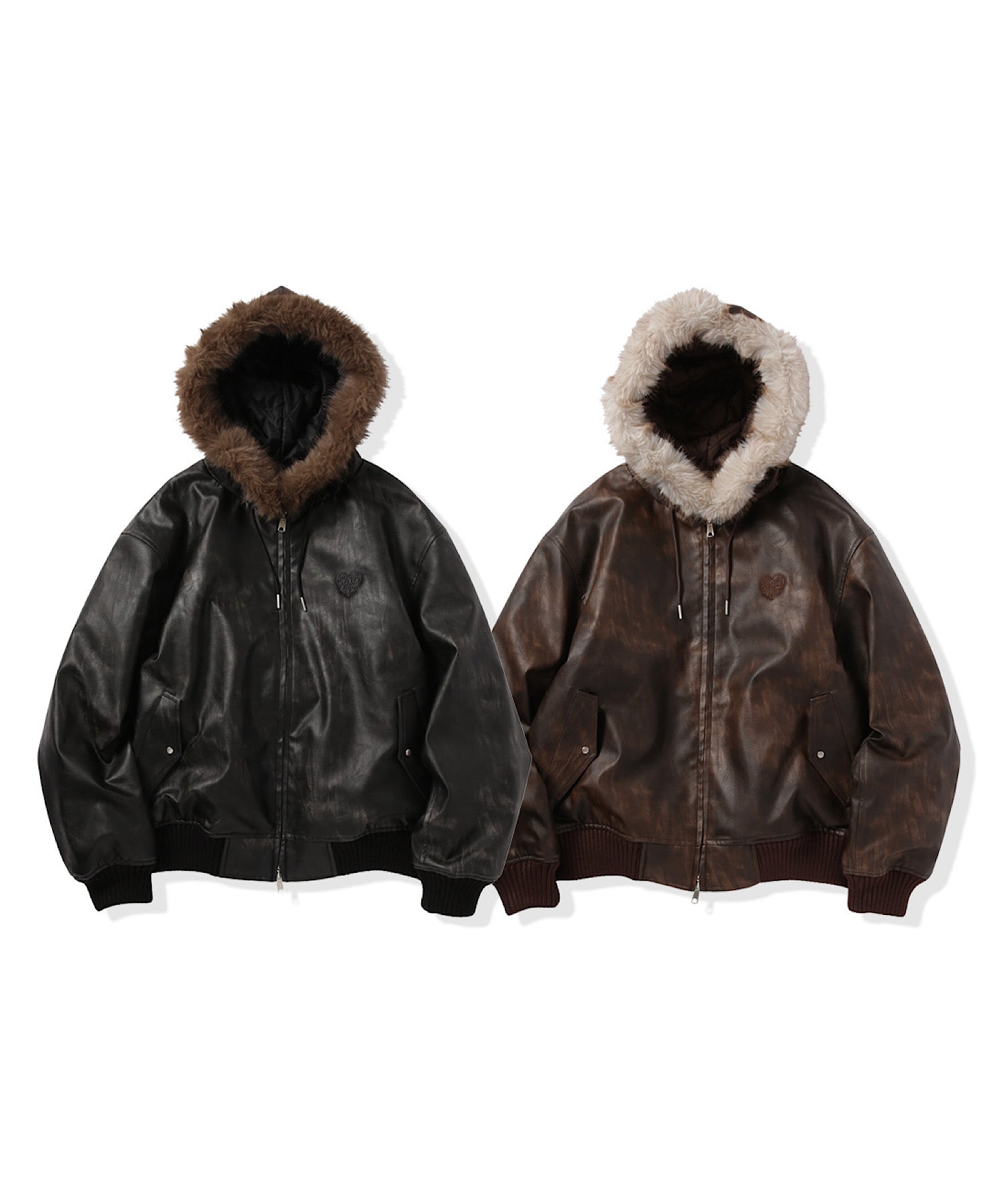 Faux Leather fur Heart logo hooded jacket – That's life online store