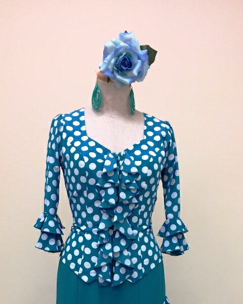 楽天市場】フラメンコ衣装 ブラウス ターコイズブルーに白水玉 1点