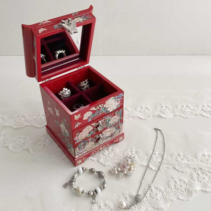 楽天市場】韓国螺鈿宝石箱 牡丹3段引き出しジュエリーボックス(紅赤