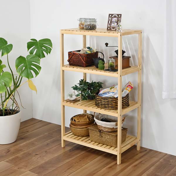 楽天市場】ウッドラック4段 天然木 オープンラック 木製 スリム