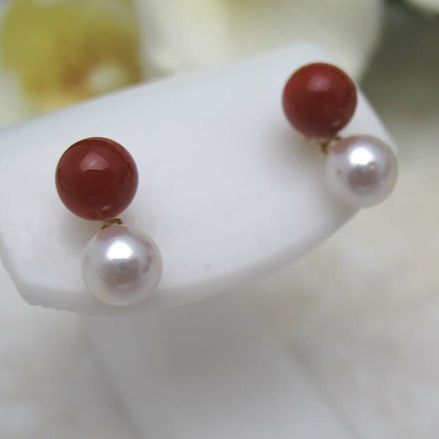 楽天市場】K18珊瑚ピアス 【送料無料】K18血赤珊瑚&あこや真珠 ピアス