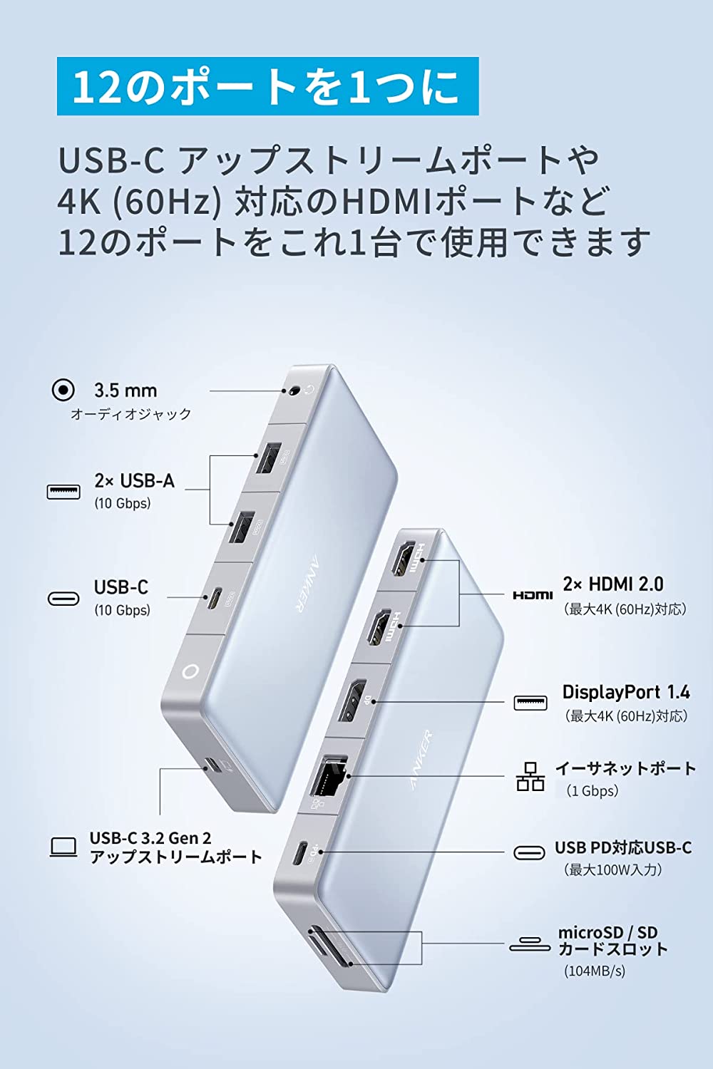 楽天市場】Anker 575 USB-C ハブ (12-in-1, Dual HDMI, DP) 100W USB