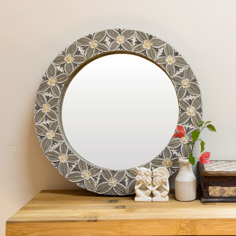 楽天市場】ラウンドミラー 木彫り風 花モチーフ 壁掛けミラー 径約52cm