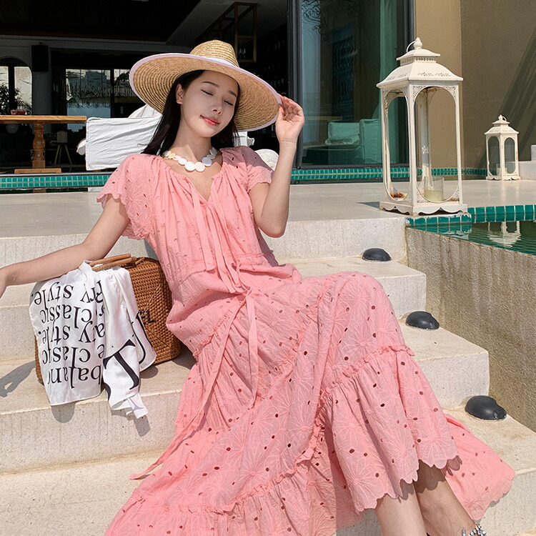 楽天市場】コットンレース 花柄 刺繍 リゾート ワンピース ピンク 花柄