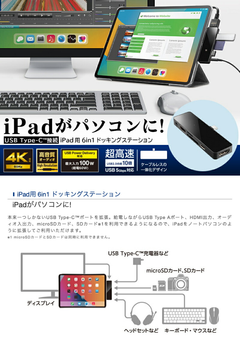 楽天市場】Logitec iPad用 USB Type-C 6in1 一体型ドッキング
