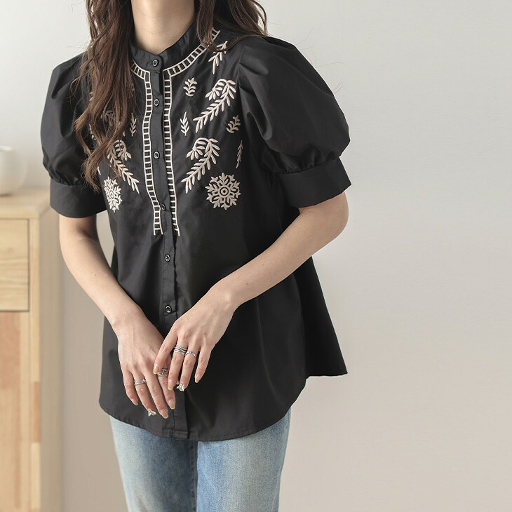 楽天市場】【半額クーポン対象】刺繍パフスリーブブラウス トップス