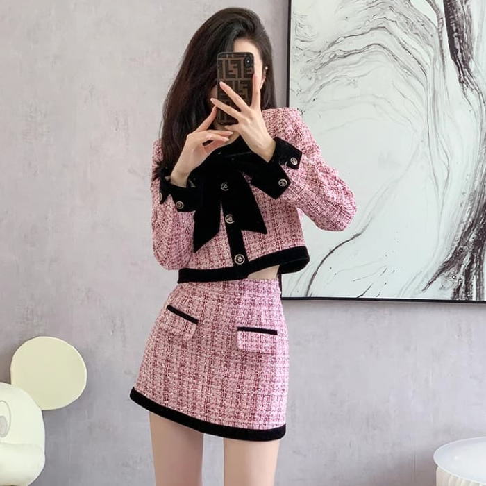 楽天市場】スカートセットアップ ノーカラー ツイード リボン 長袖