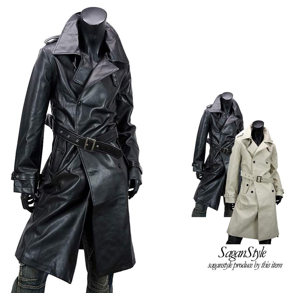 楽天市場】PUレザーロング丈トレンチコート メンズ レザーコート