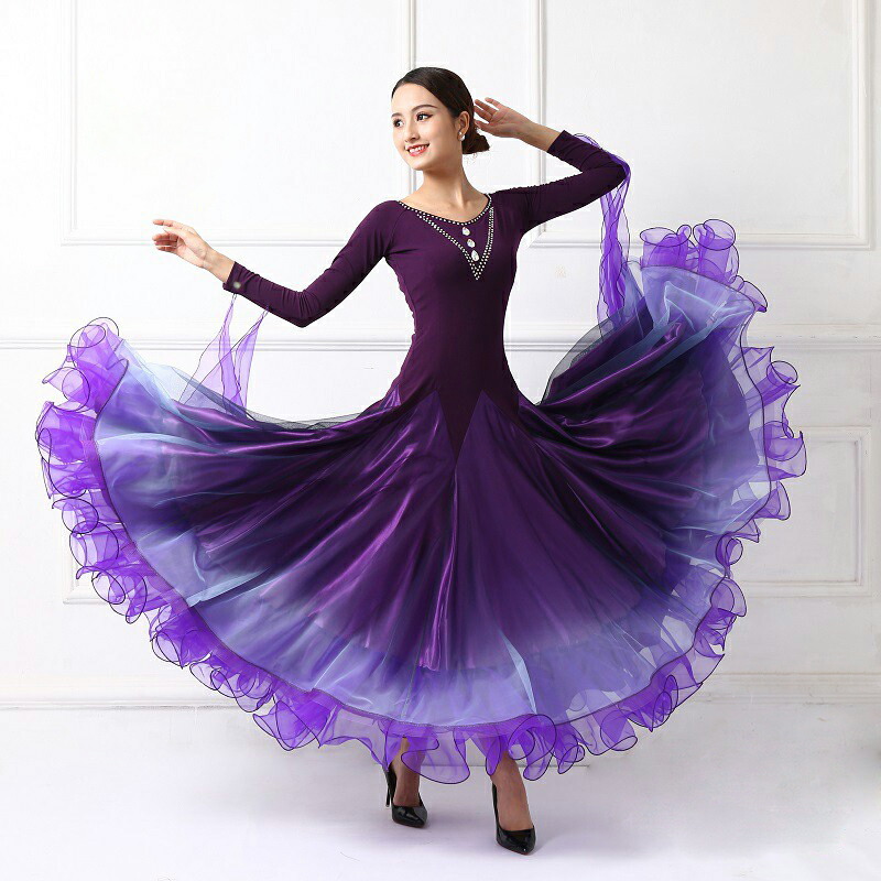 紫色 フラワー刺繍付き ダンスドレス社交ダンス