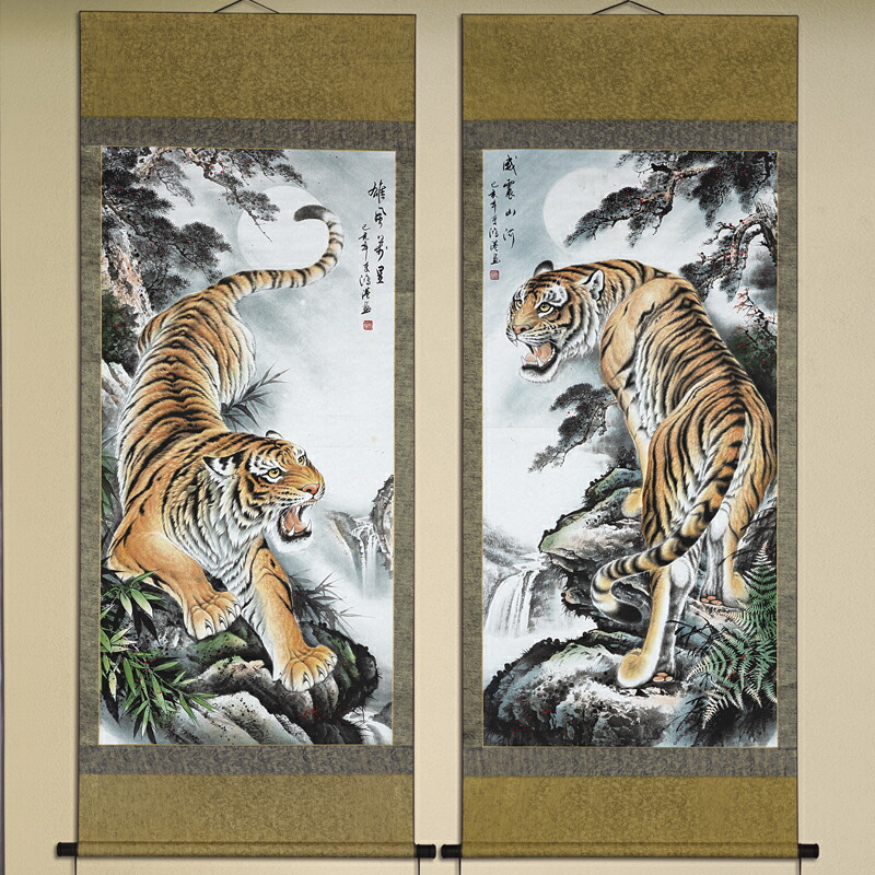楽天市場】肉筆 掛軸 『 猛虎対峙図 』 絹本 二幅一組 壁掛け 和室